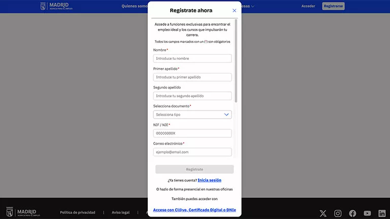 Formulario de registro de Salta Empleo Madrid para acceder a cursos gratuitos de la Agencia para el Empleo.