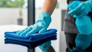 Person wearing blue gloves wipes a surface with a stack of blue cleaning cloths, performing cleaning.