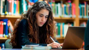 Young woman with long wavy hair studies at a library table, writing notes beside an open laptop.