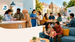 Diverse patients and staff interact at a modern health clinic lobby: reception desk on the left and a seating area with a family on a blue sofa on the right.