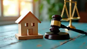 Casa de madera junto a un mazo judicial, símbolo de un desahucio de vivienda.